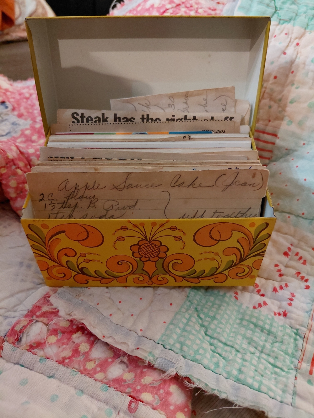 Vintage Yellow Decorative Recipe Box - Recipes Included.